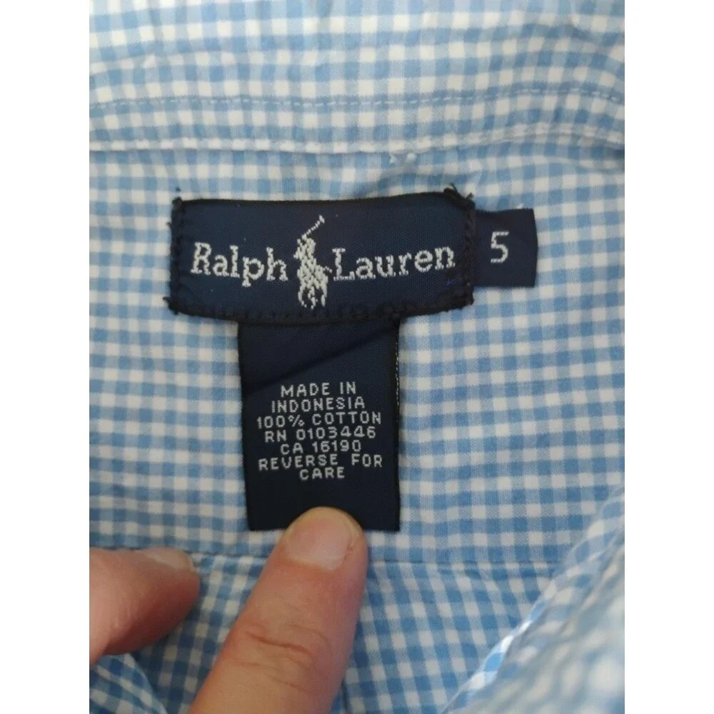 Vtg Ralph Lauren Boys Blue Gingham Shirt Short Sleeve Button Down Sz 4/5 Preppy